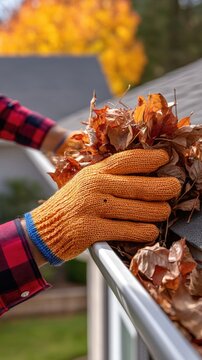 Person wearing gloves gathers leaves from a gutter in autumn