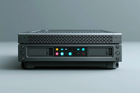 Secure server module with vented panels and status lights on brushed metal housing