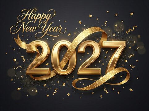 Happy new year 2027 gold 3D typography with ribbon and glittery confetti