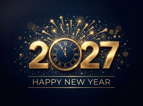 Happy new year 2027 greeting with gold clock fireworks and dark blue background