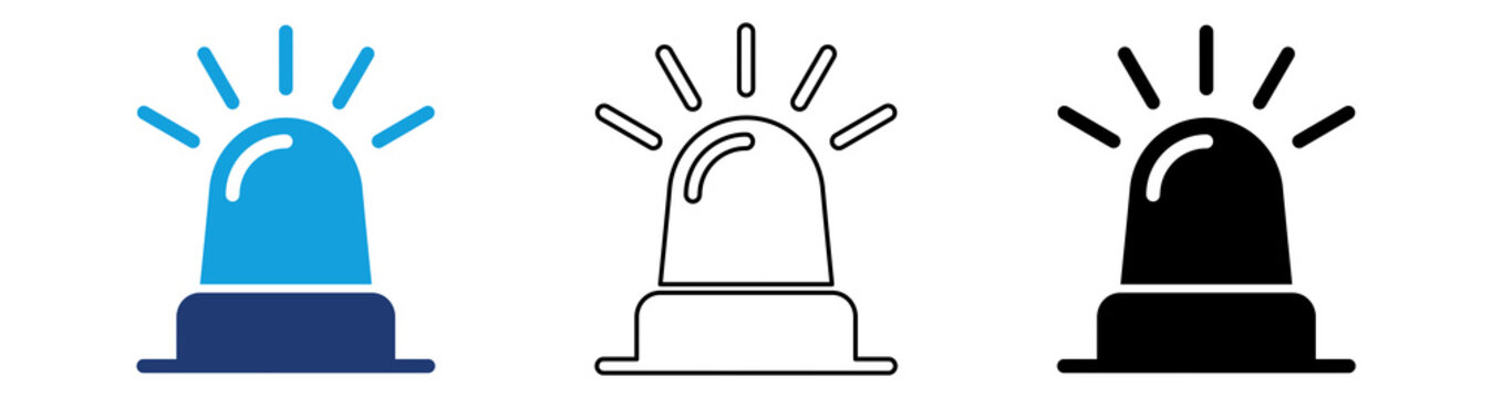 Blue Black Emergency Alert Siren Icon Set with Filled and Outline Styles for Warning Notification Security Systems Public Safety and Emergency Response