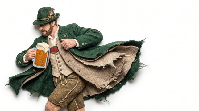 Man in traditional Bavarian attire holding beer mug in festive pose  