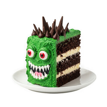 Monster cake slice with green frosting, red eyes, sharp teeth, and chocolate spikes isolated on transparent background