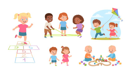 Naklejka premium Cute Diverse Kids and Toddlers Playing Outdoor and Indoor Games Character Set Featuring Chinese Jump Rope Kite Flying and Building Blocks Vector Illustration