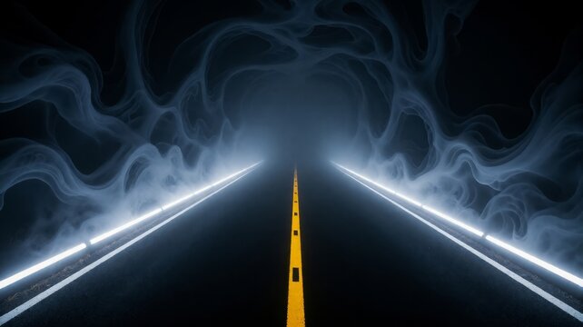 Mysterious Road Disappearing Into Dark Fog And Smoke