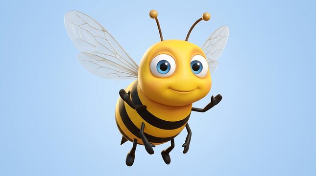 Cute 3D cartoon honey bee character, friendly flying bumblebee with big blue eyes, cheerful yellow insect mascot on blue background