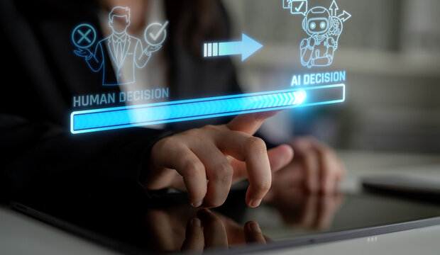 Human Decision-Making and AI Interaction in Modern Technology Landscape with Digital Interface and Futuristic Elements. Liminal.