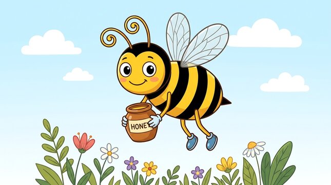 Cute honey bee cartoon character flying over flowers. Friendly bumblebee carrying a honey pot. Sweet insect illustration for kids education.