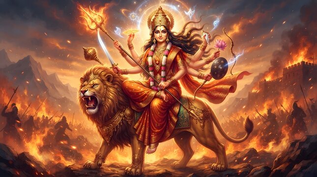 Hindu goddess durga riding a lion, holding multiple weapons, in a fierce battle scene with fire and smoke in the background