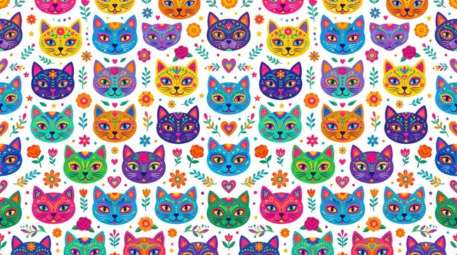 Cat Heads Pattern with Floral Hearts, Vibrant Colors and Whimsical Design Featuring Seamless, Texture