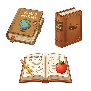 Educational Books Vector Icons Set Isolated on White Background Featuring World History Book Moby Dick Literature Novel and Physics Formulas Open Textbook with Pencil and Apple