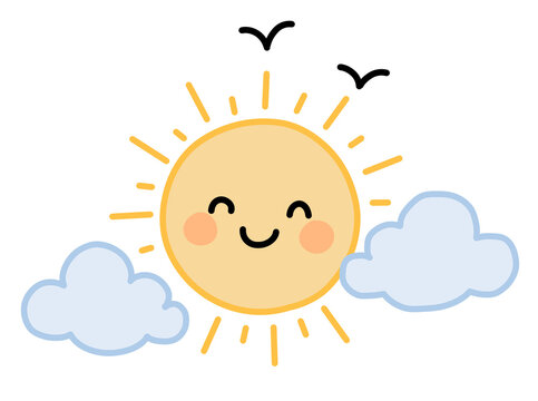 Cute Kawaii Smiling Sun with Clouds and Birds - Cheerful Cartoon Character Vector Illustration for Kids Design, Summer and Weather Clipart