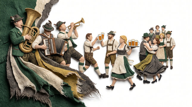 Oompah band playing instruments while dancers celebrate with beer  