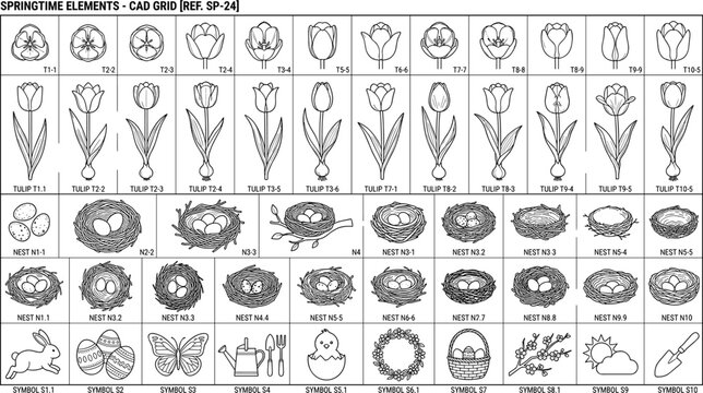 Springtime elements CAD grid sheet featuring tulip variations, bird nests, and seasonal symbols.