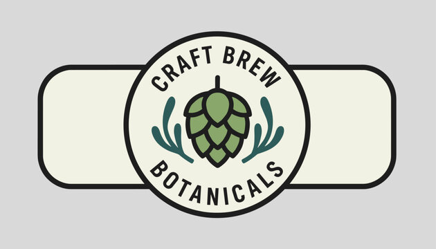 Vintage style craft brew botanicals logo badge featuring a green hop cone on a light gray circular background.