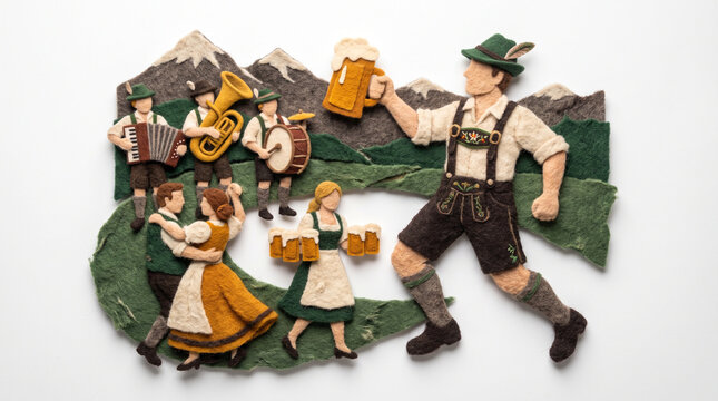 Festive scene with Alps-inspired dancers and musicians in traditional attire  