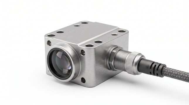 Compact industrial machine vision camera with metallic housing and connected cable isolated on a white background, for automation