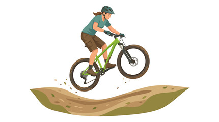 Fototapeta premium Caucasian Female Mountain Biker Jumping on Green Bike