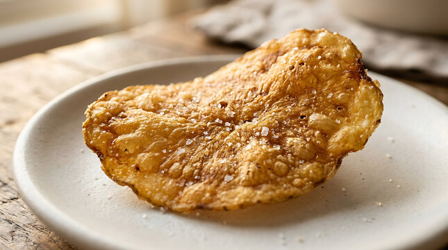 Crispy pork rind chicharron sprinkled with salt served on a white ceramic plate