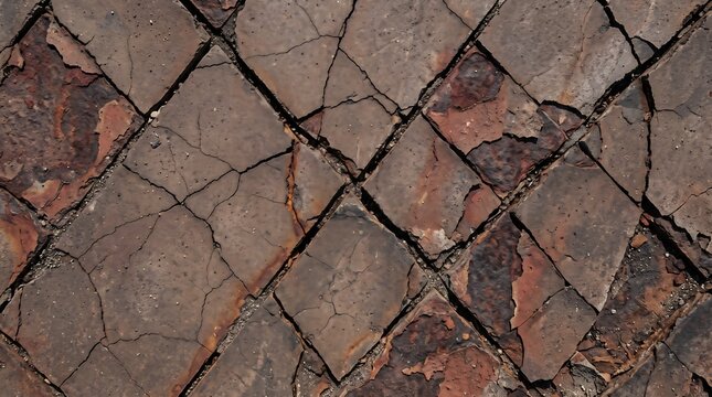 Weathered terracotta floor tiles with deep cracks, rustic clay pavement texture, aged brown ceramic surface for architectural backgrounds
