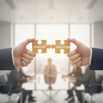 Hands Joining Puzzle Pieces: Strategy and Execution in Business, concept of strategic collaboration and execution