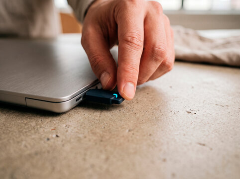 Close-up of a person inserting a hardware security key into a laptop USB port for two-factor authentication