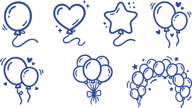 Assorted festive balloons in various shapes and arrangements drawn with blue lines on a white background for celebration