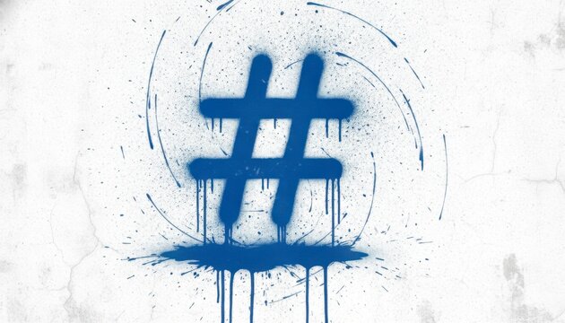 Blue graffiti hashtag symbol spray-painted on a white wall, concept of social media and digital communication