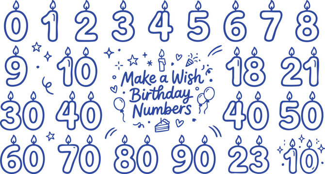 Assorted blue outlined birtay candles shaped like numbers with lit wicks against a white background and celebratory doodles