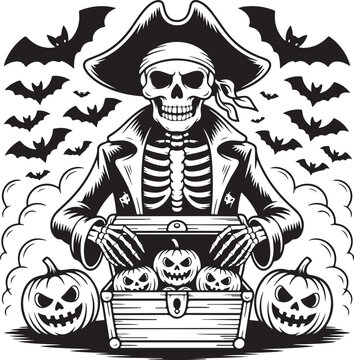 Pirate skeleton holding a treasure chest with pumpkins for Halloween celebration design.