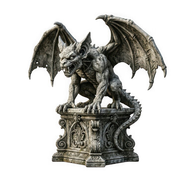 Detailed stone gargoyle statue with wings perched on an ornate pedestal isolated on transparent background