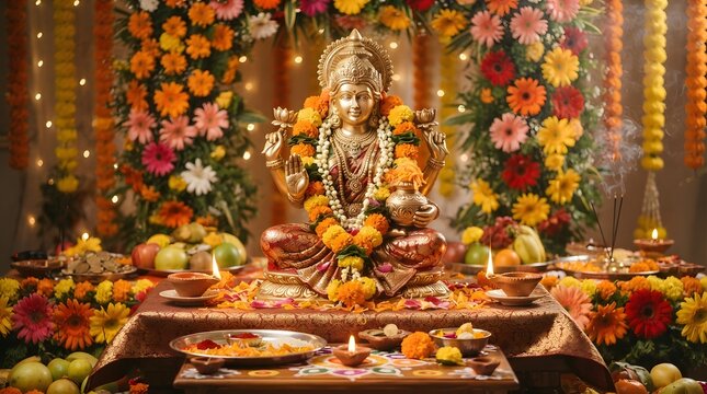 Golden statue of hindu goddess lakshmi during diwali festival decorated with flowers and lamps