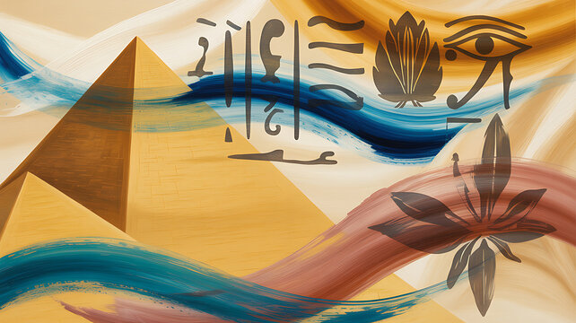 Ancient egypt pyramids with historical symbols and desert illustration