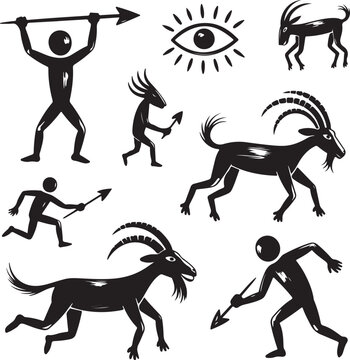 Primitive cave painting style human figures illustration on a textured stone background.