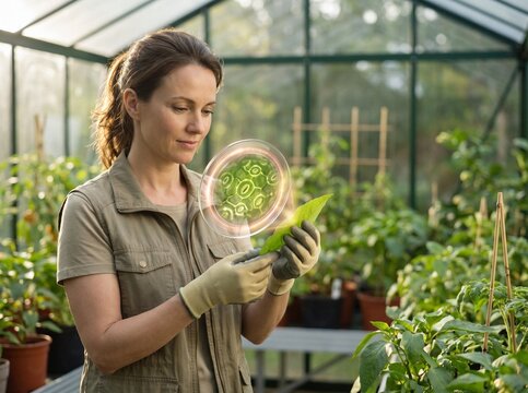 Female botanist in greenhouse examining leaf with virtual magnification circle showing cellular stomata