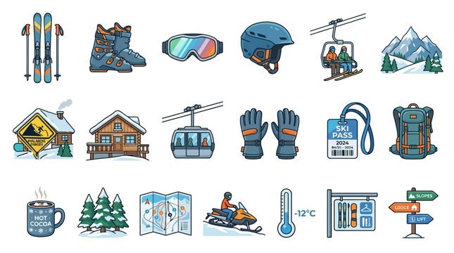 Comprehensive Vector Illustration Icon Set Featuring Essential Ski Resort Equipment, Winter Sports Gear, and Alpine Travel Amenities for Mountain Vacation Planning