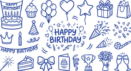 Fototapeta premium Blue hand drawn birtay celebration elements on white background with confetti and balloons
