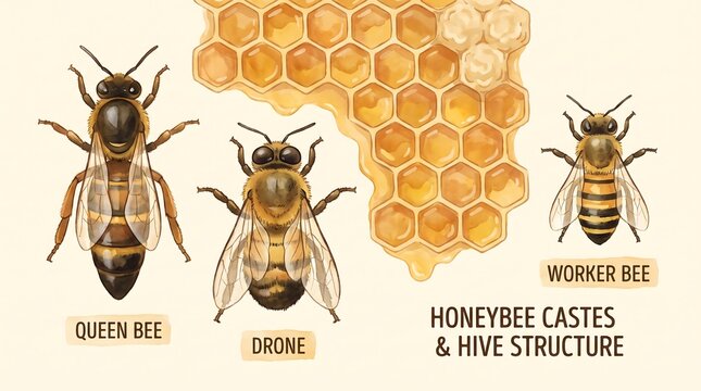 Vintage honeybee castes and hive structure illustration. Educational queen bee, drone, and worker bee diagram with honeycomb.