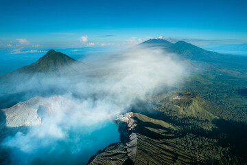 Majestic Aerial View of Kawah Ijen Crater Lake and Volcanoes © andhikabayu