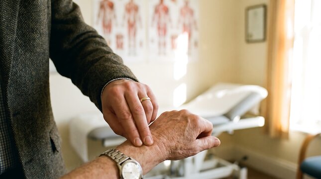 Medical practitioner checking patient radial wrist pulse with two fingers in clinic room. Close up shot of vital sign assessment. Professional stock photo.