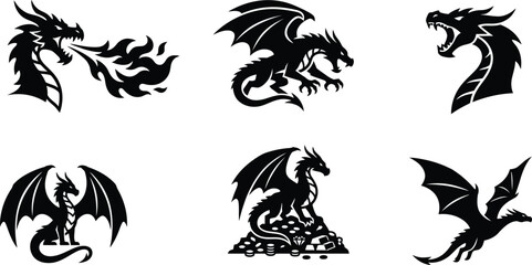 Mythical dragon silhouette collection, 6 black fantasy creature icons. Fire breathing dragon head and winged beast vector set for logos. © SK RUMAN