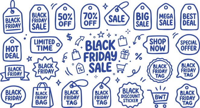 Collection of hand-drawn black friday sale tags and icons in blue on white background
