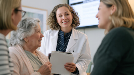 Fototapeta premium Color analyst in a hospital consultation room with an older woman and her adult daughter watching, holding fabric swatches near the patient's face, warm clinical lighting, three