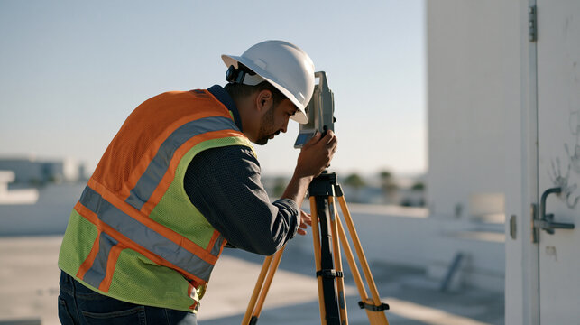 Geographic surveyor works alone on a hospital campus rooftop measuring elevation data, single professional framing showing a stepparent and child's handprint artwork on a nearby