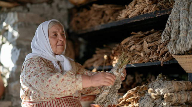 Aged herbalist woman arranging dried medicinal roots and bundled sage stems across worn wooden shelves inside a stone rural outbuilding during a fasting period, her deliberate