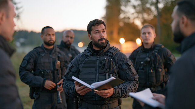 A diverse team of night watchmen debrief at shift change across a quiet rural landscape security post at dawn, logbooks open, flashlights stowed, a farmhouse gate glowing in the