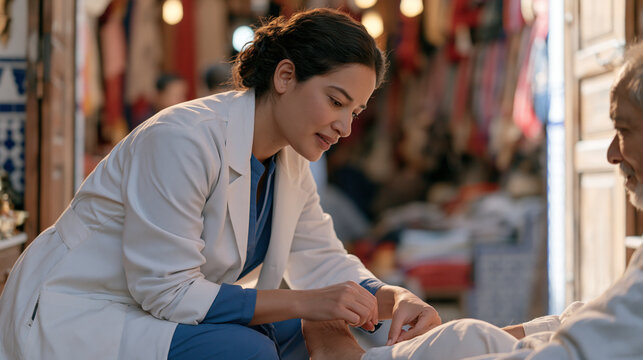 A single podiatrist in a vibrant tiled market clinic leaning forward to examine an elderly patient's foot, colourful textile stalls visible through the open doorway behind her,