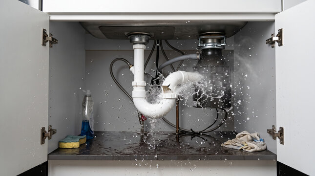 Burst kitchen sink pipe spraying leaking water inside open cabinet causing domestic plumbing emergency and home damage