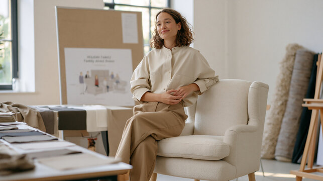 Upholsterer stands back in a minimalist studio to assess a fully reupholstered armchair, wide establishing shot showing fabric swatches across a cutting table, a holiday family