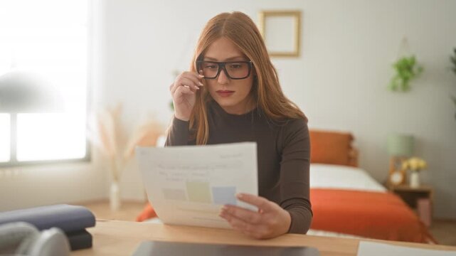 Woman redhead reading a printed document, holding paper with one hand and adjusting glasses with the other at a desk in a studio setting; work productivity concentration.